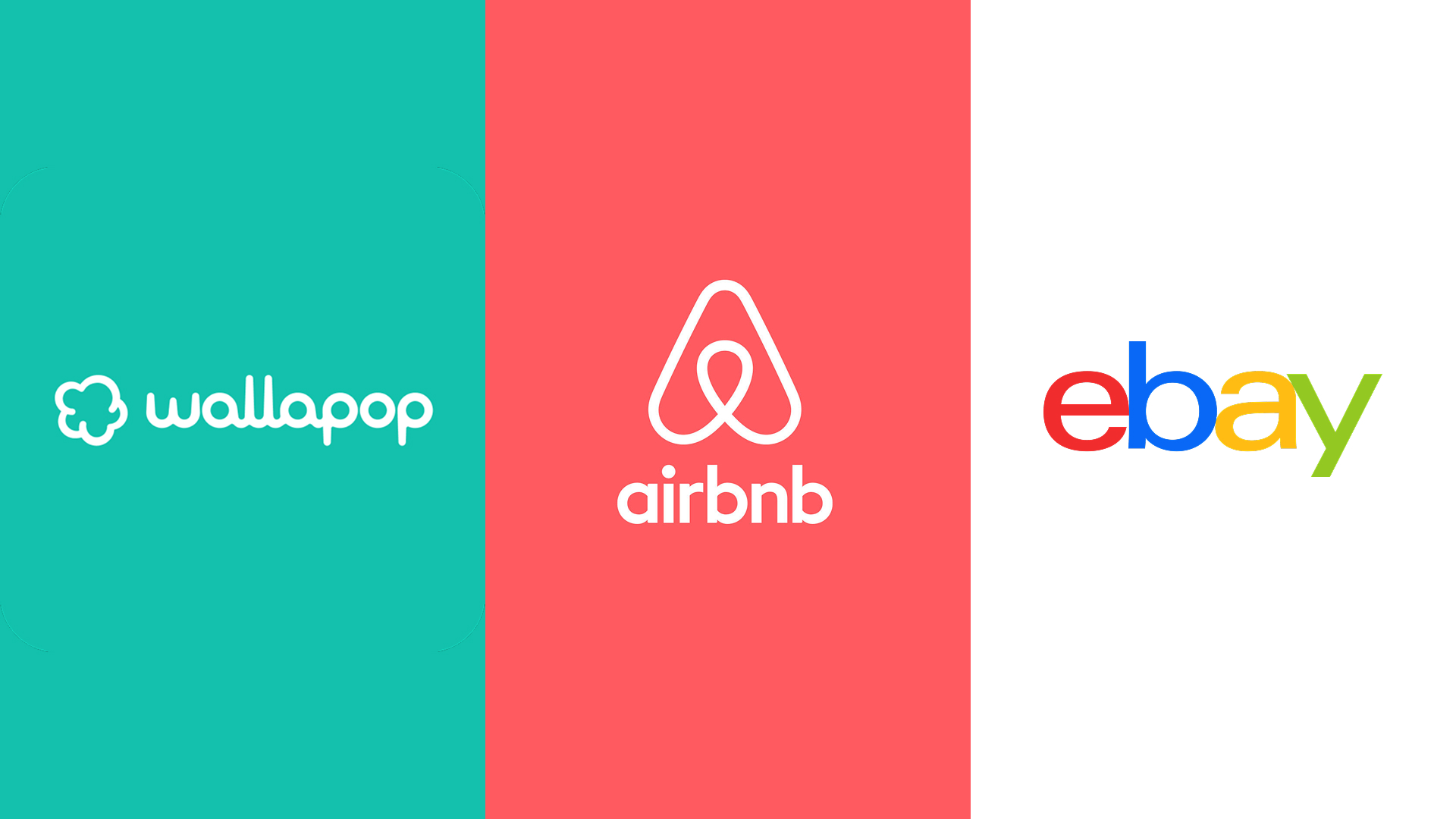 Logos de Wallapop, Airbnb y eBay sobre fondos de colores corporativos.