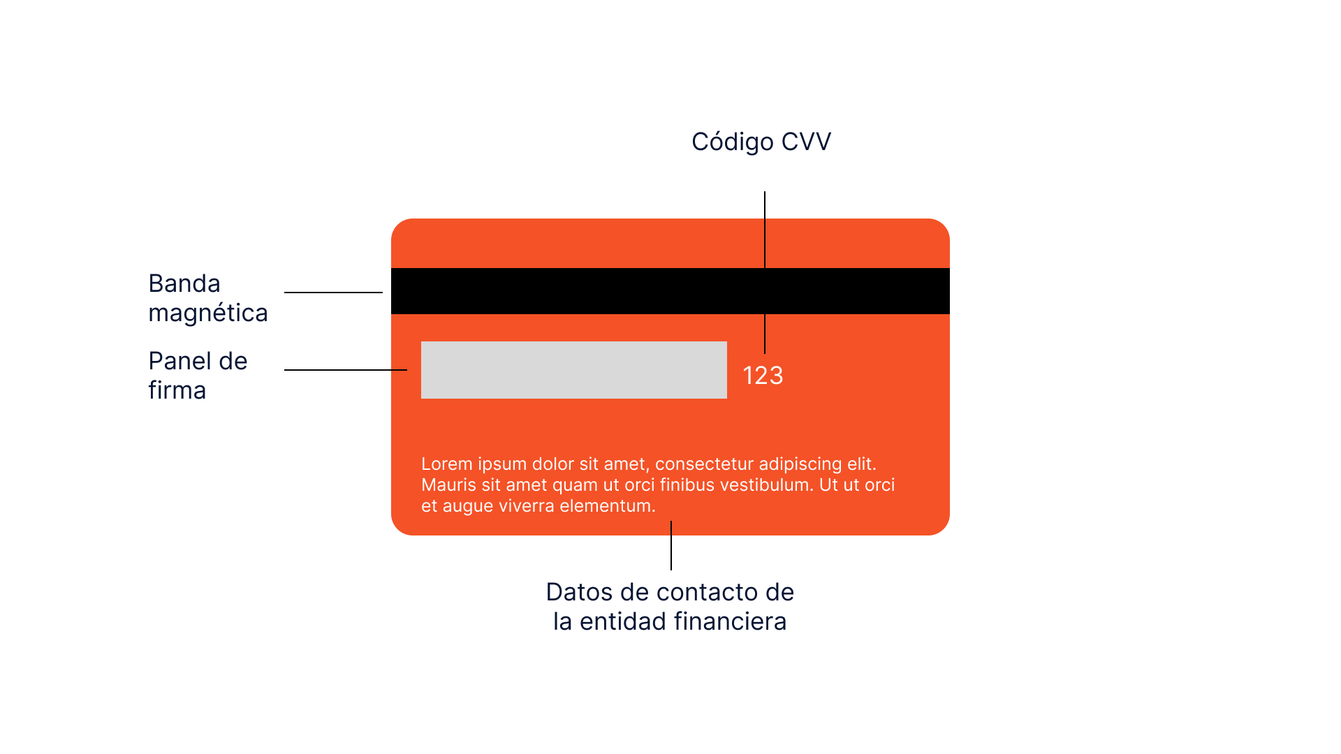 Ilustración de la parte trasera de una tarjeta de crédito naranja, donde se identifican sus elementos principales: banda magnética en la parte superior, panel de firma con el nombre del titular, código de seguridad CVV a la derecha del panel e información de contacto de la entidad financiera.
