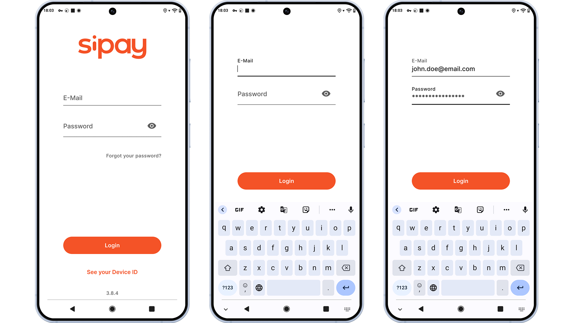 Interfaz de inicio de sesión de la aplicación Sipay Tap on Phone mostrando tres pantallas: la primera con el logo de Sipay y campos para email y contraseña, la segunda con los campos vacíos y un botón de login, y la tercera con un ejemplo de email completado (john.doe@email.com) y contraseña enmascarada. Todas incluyen un botón naranja de 'Login' en la parte inferior.